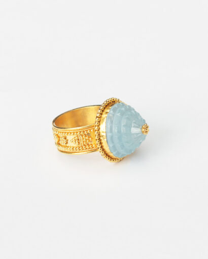 Δαχτυλίδι με Aquamarine σε μπλε θόλο και με κοκκοποίηση σε χρυσό 22Κ. Δαχτυλίδια Άκουαμαρίνα