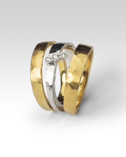 Hammered trio ring with diamonds Contemporary Diamond