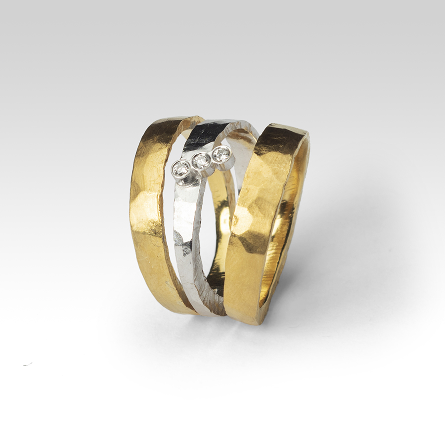 Hammered trio ring with diamonds Contemporary Diamond