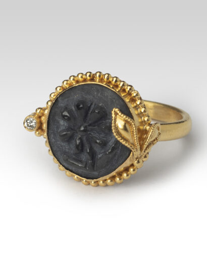 Χρυσό Δαχτυλίδι με διαμάντι και μαύρο λουλούδι από οψιανό Δαχτυλίδια Δαχτυλίδι