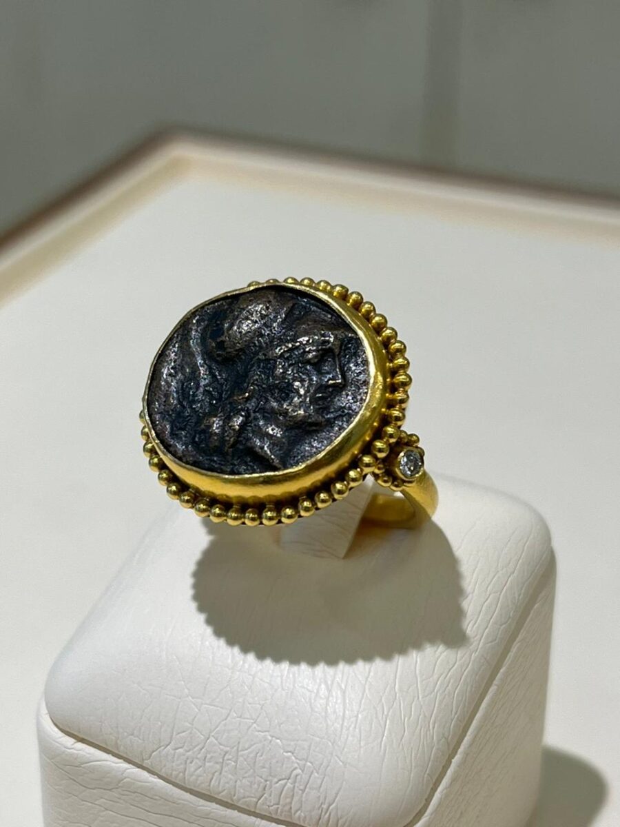 Gold ring with diamonts and greek coin Rings Diamond